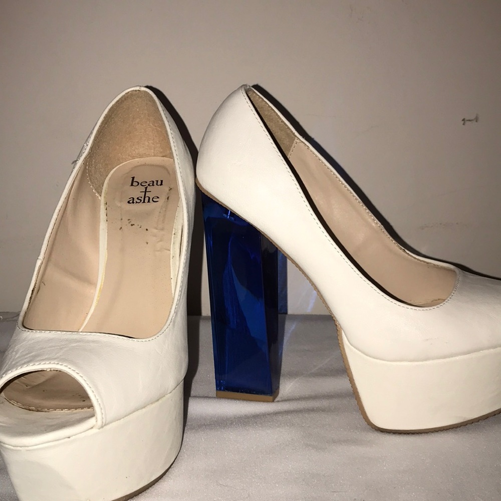 Beau + Ashe White Heels with Clear Blue Heel